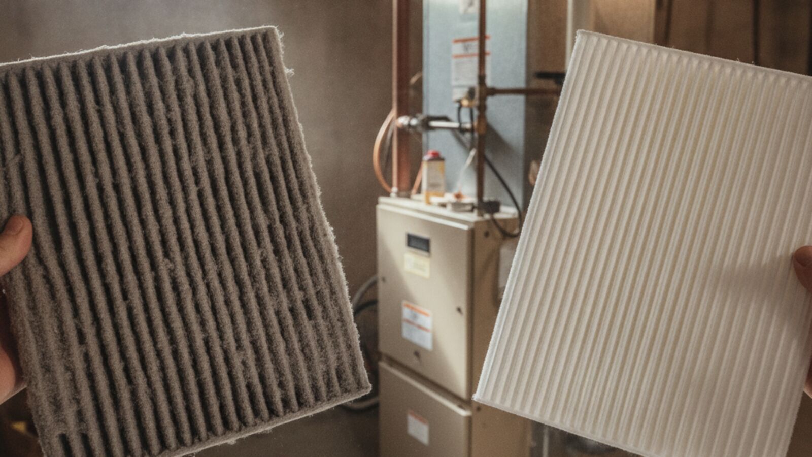 Clogged grey furnace filter held up next to a clean white pleated replacement filter in a basement