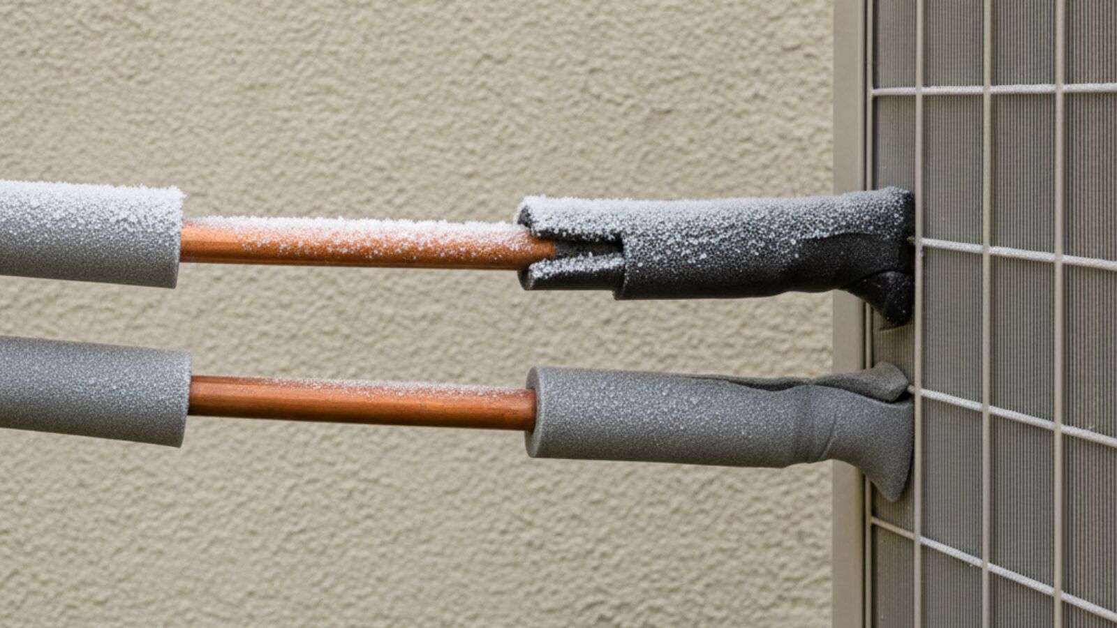 Frost on insulated copper refrigerant lines where they enter an outdoor air conditioner condenser beside a house