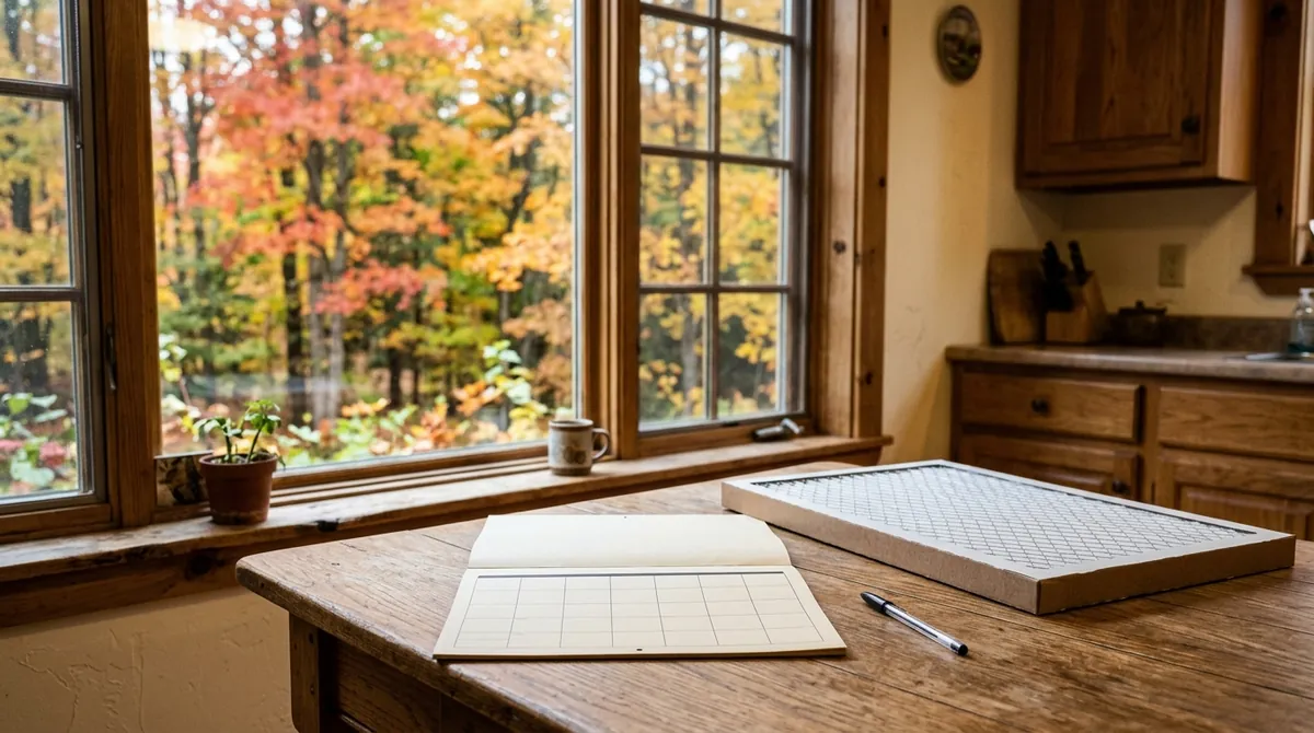 A wall calendar and a replacement furnace filter on a table in a home near a basement utility room