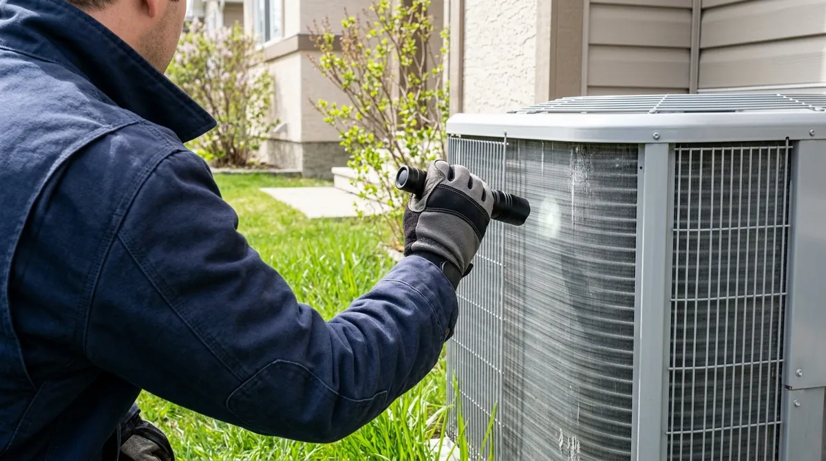 A technician's gloved hands checking the outdoor condenser unit of a central air conditioner beside a house in spring