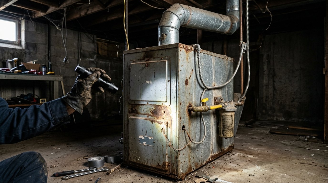 Technician inspecting an older, worn gas furnace with a flashlight in an unfinished basement
