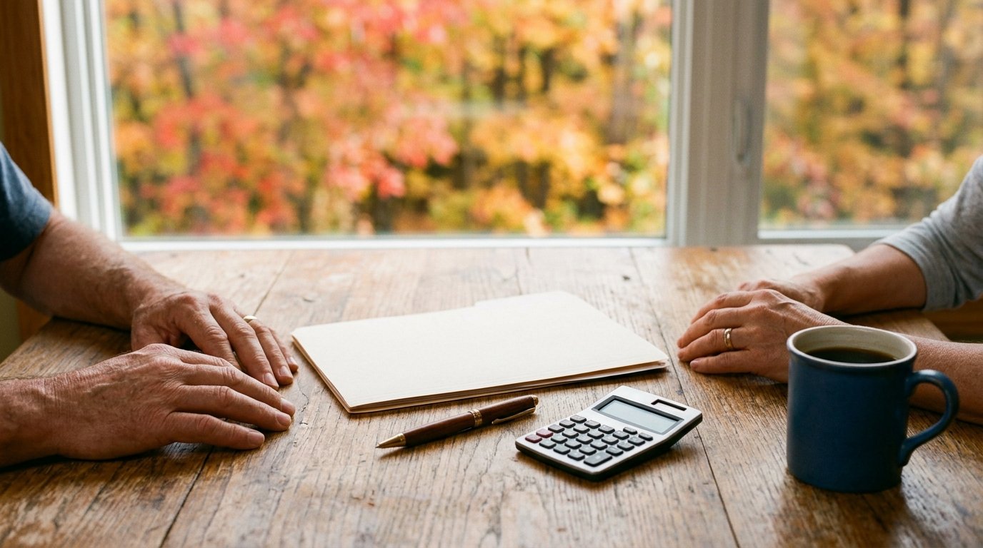Two homeowners at a kitchen table with a folder, pen and calculator, planning how to pay for a new furnace