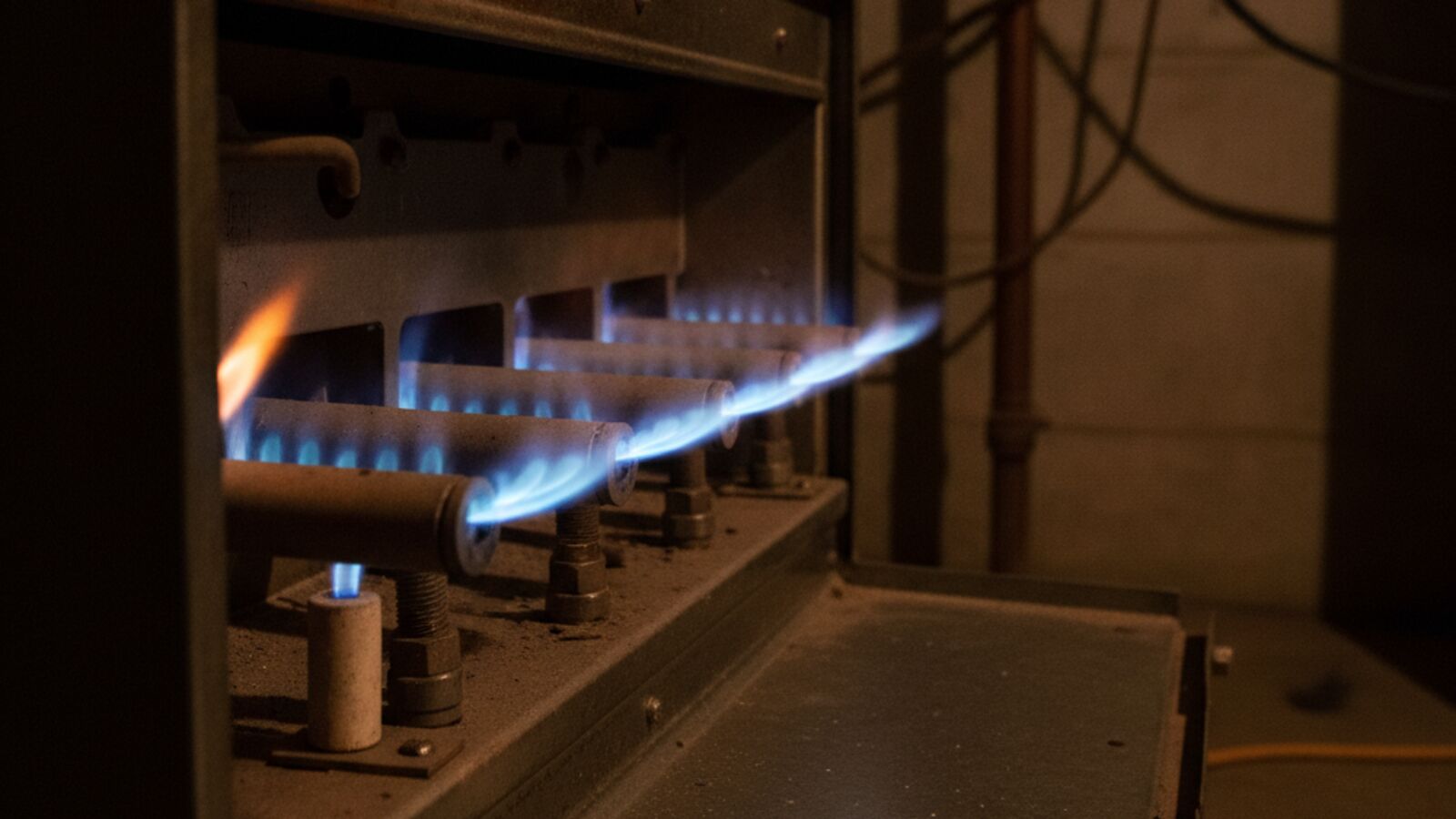 Close view of blue gas burner flames inside a residential furnace with the burner compartment cover removed