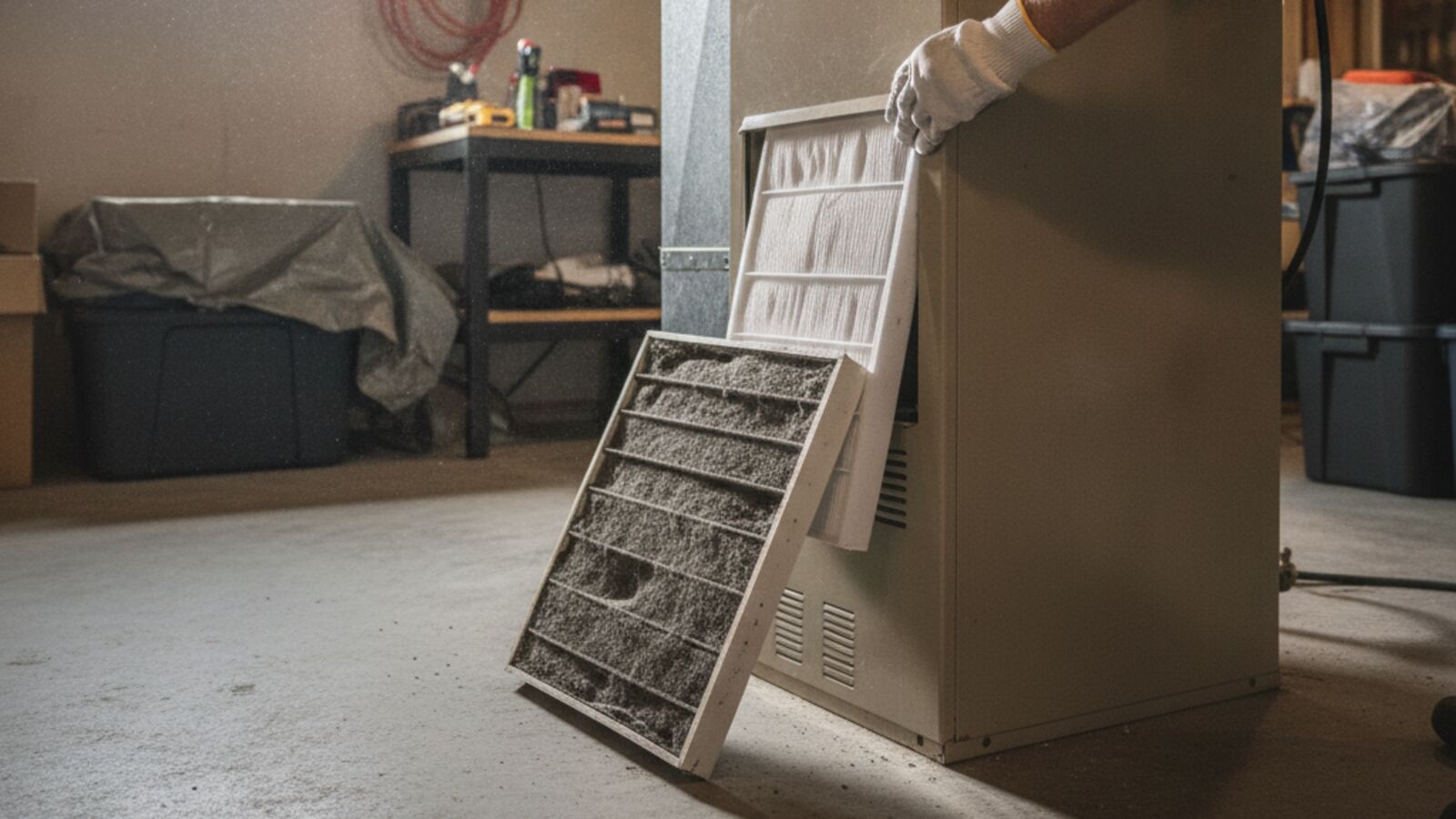 Gloved hand swapping a dusty pleated furnace filter for a clean one beside a basement furnace