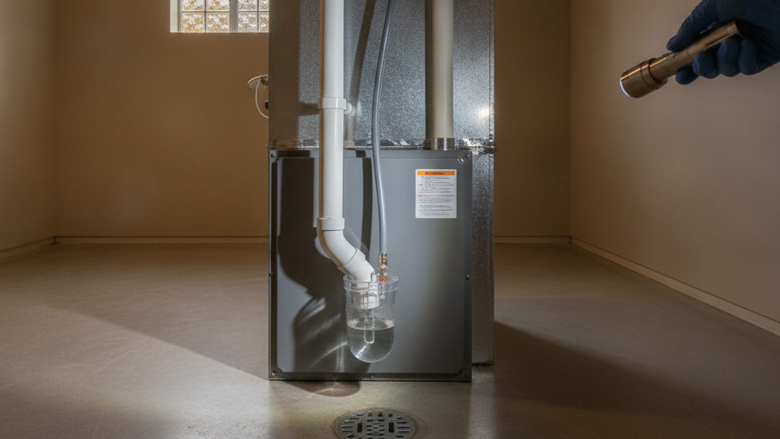 Gloved hand shining a flashlight on the condensate trap and drain line of a high-efficiency furnace in a basement