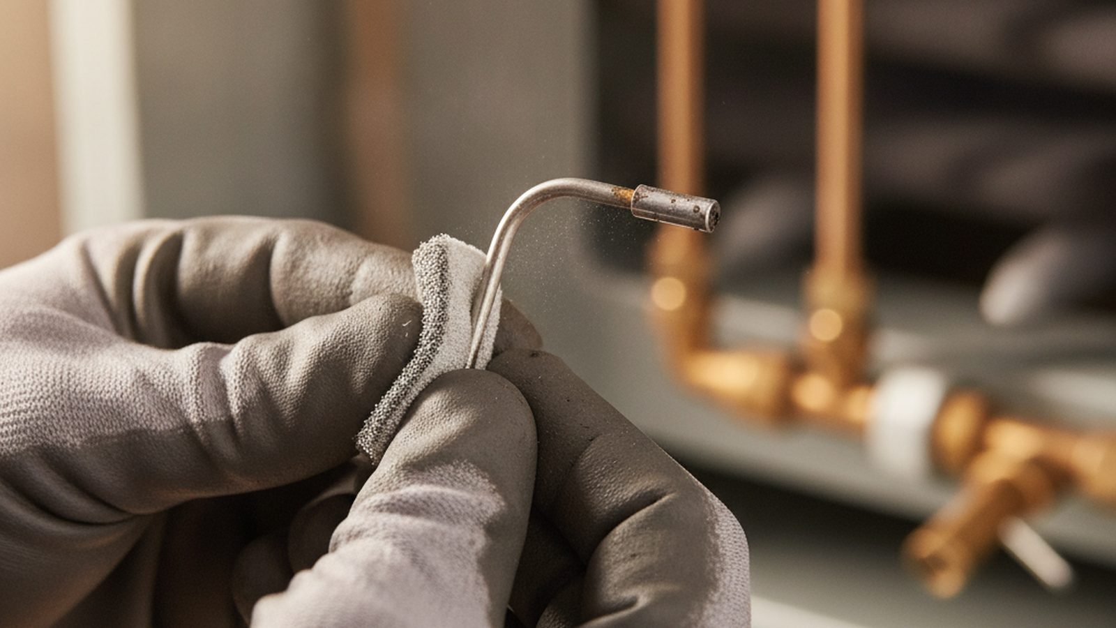 Gloved hands cleaning a furnace flame sensor rod with a fine abrasive pad during a furnace tune-up
