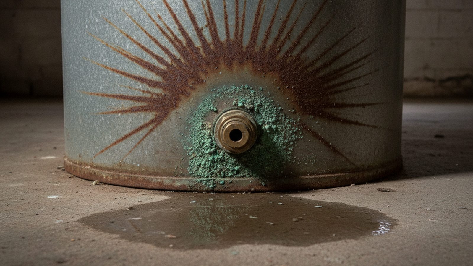 Rust and mineral corrosion around the drain valve at the base of an old hot water tank with a puddle of water on the basement floor