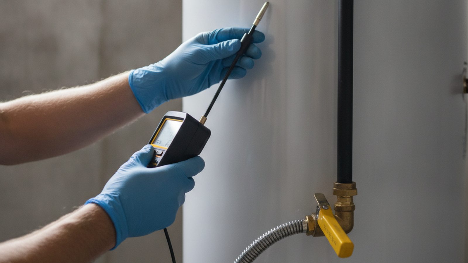 Gloved hands using an electronic gas leak detector beside the gas shut-off valve on a newly installed water heater