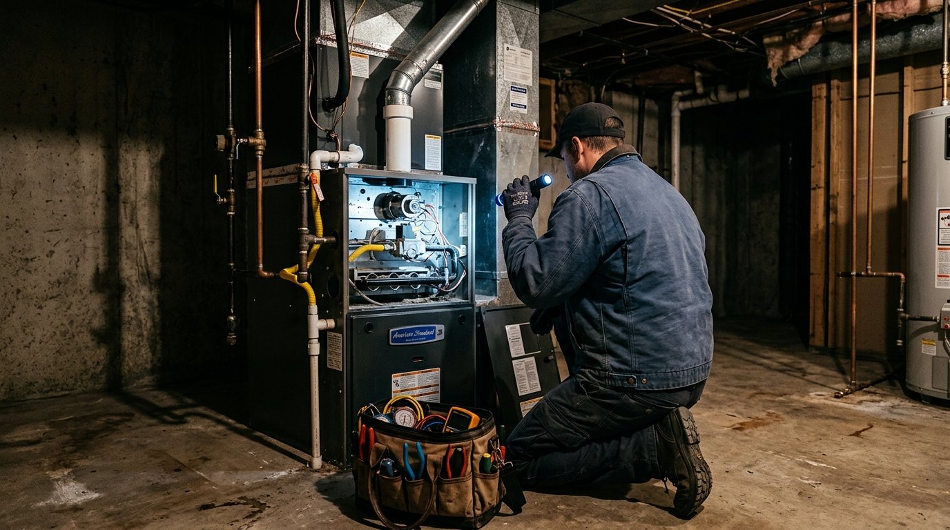 HVAC technician seen from behind inspecting the burner area of a gas furnace with a flashlight in a basement at night