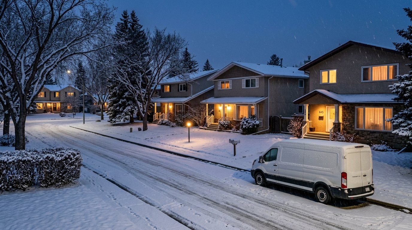 Snow-covered residential street in a Calgary suburb on a winter evening with warm lights in the house windows