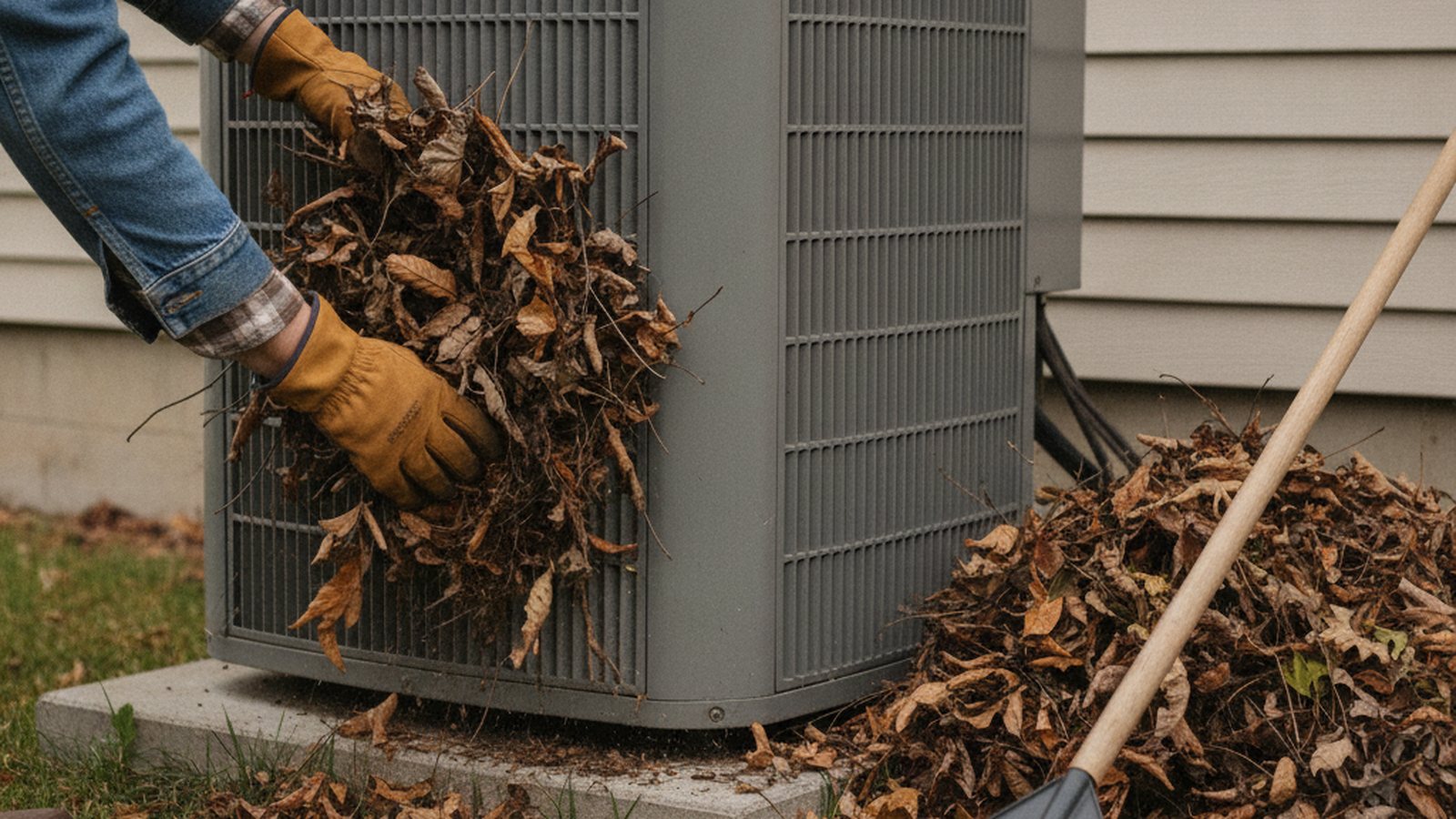 Gloved hands clearing autumn leaves away from the side of an outdoor air conditioner unit, with a rake and a pile of leaves nearby