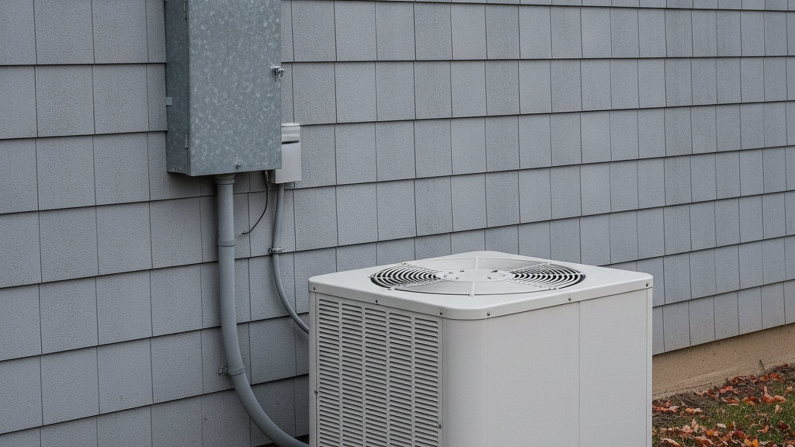 A grey outdoor electrical disconnect box mounted on house siding above a residential air conditioner unit