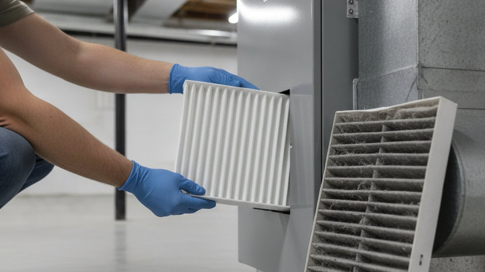 Gloved hands sliding a clean pleated filter into a furnace while a dusty used filter leans against the cabinet