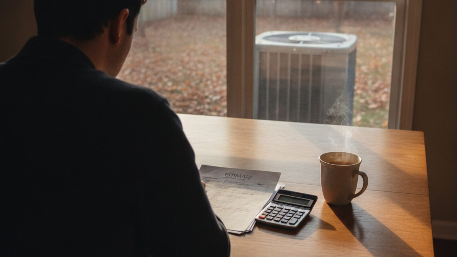 A homeowner seen from behind reviewing an estimate with a calculator at a kitchen table, with an outdoor air conditioner unit visible through the window