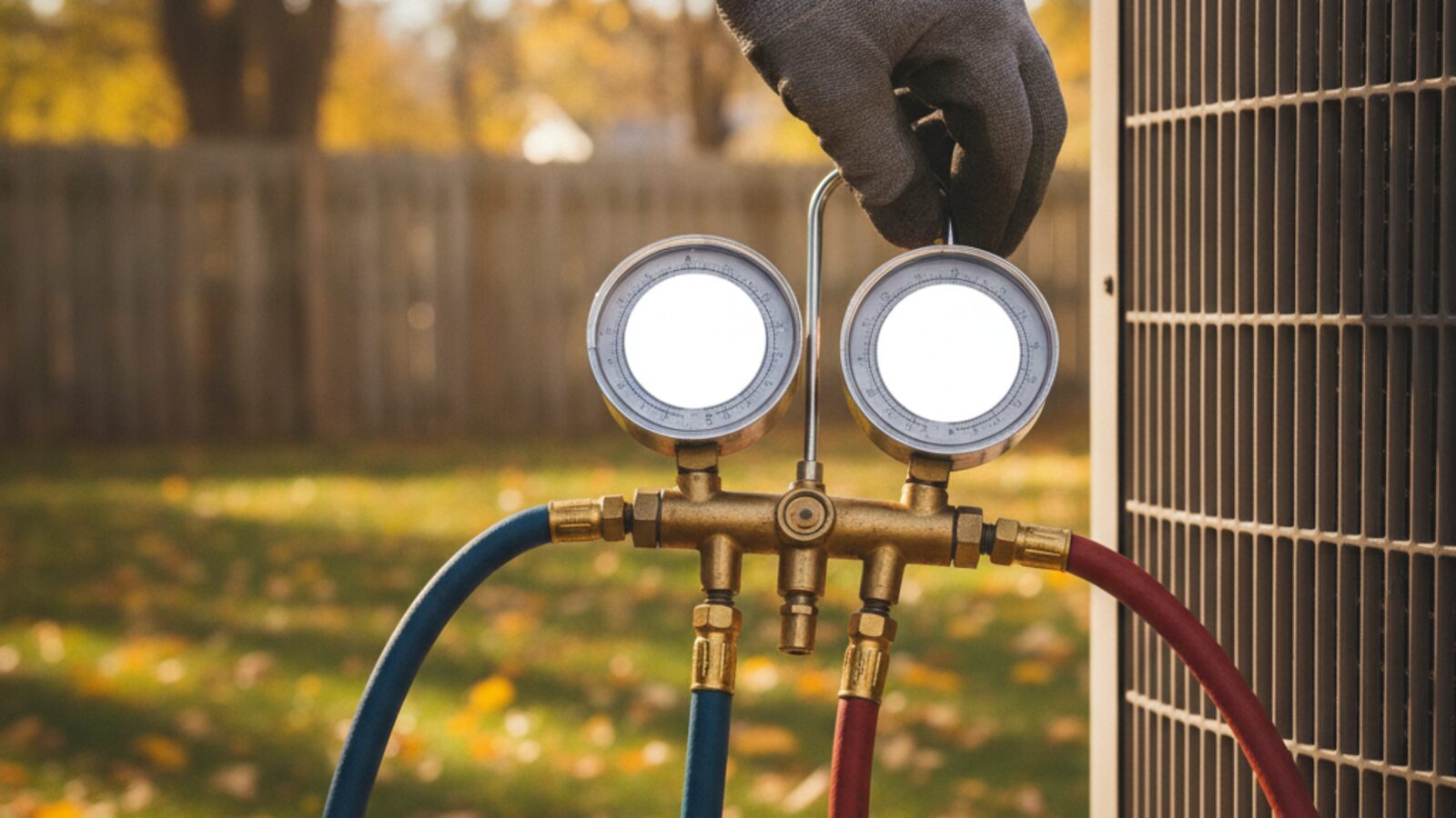 Refrigerant manifold gauges with blue and red hoses held beside an outdoor air conditioner condenser in an autumn yard