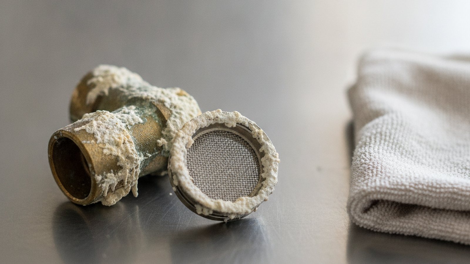 Mineral scale built up on a removed brass plumbing fitting and a faucet aerator screen, showing the effect of hard water
