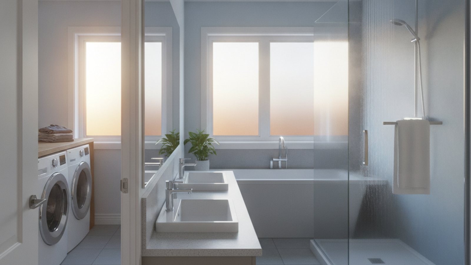 A bright family bathroom with the shower running and a laundry room visible through the doorway, showing several hot water uses in one home