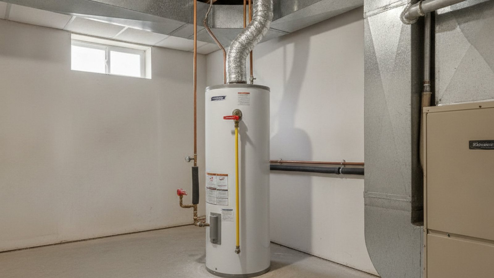 A basement mechanical room with a gas tank-style water heater, its vent pipe rising to the ceiling, and a furnace at the edge of the frame