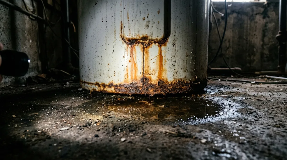 Rust streaks and a small pool of water at the base of an older hot water tank on a concrete basement floor
