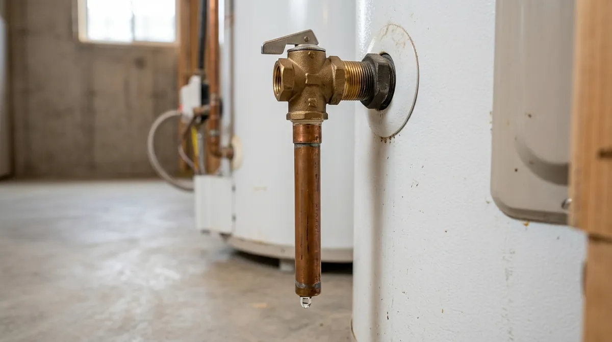 A brass temperature and pressure relief valve on the side of a hot water tank with its discharge pipe running down