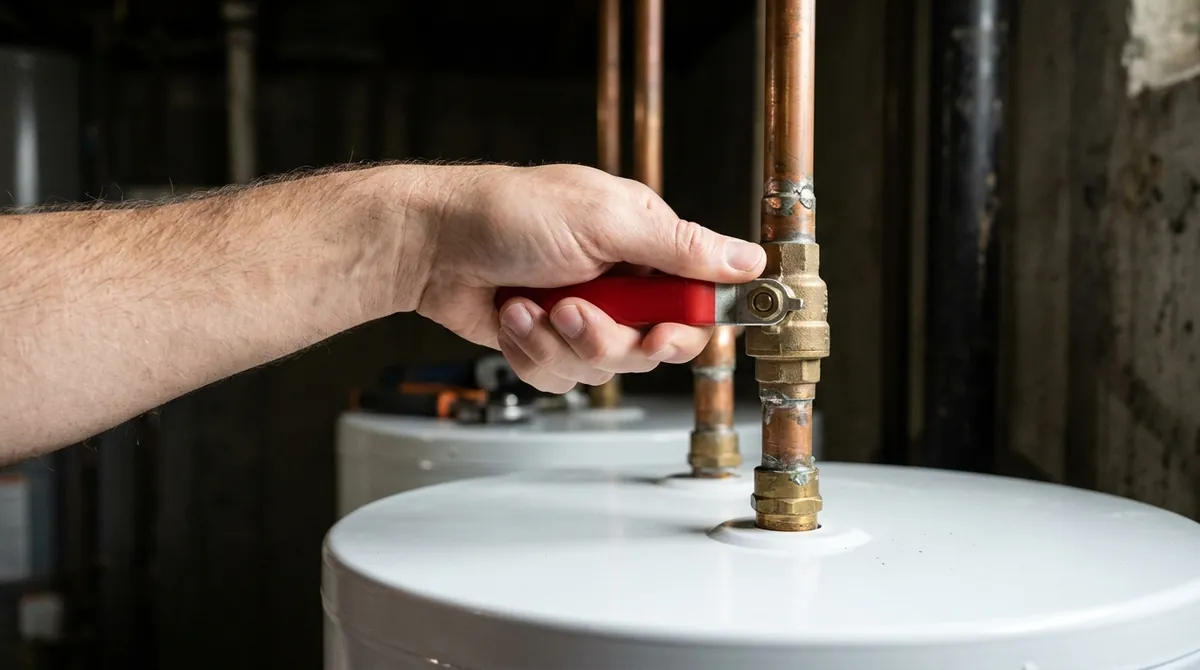 A hand turning the cold water shut-off valve on the supply pipe above a residential hot water tank
