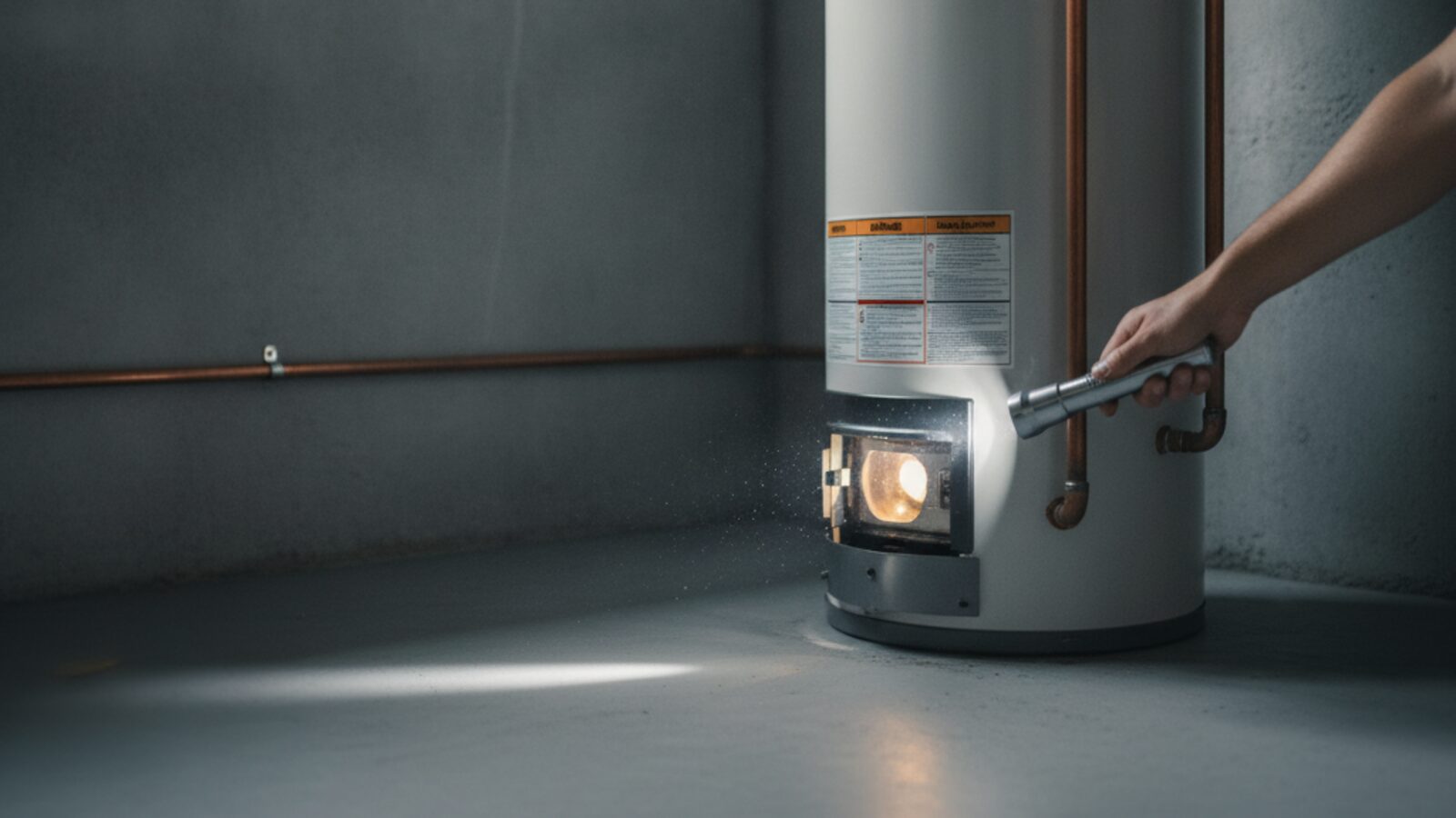 A hand holding a flashlight toward the burner viewing window at the base of a gas tank water heater in a basement utility room