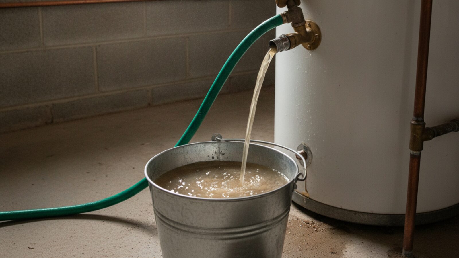A hose connected to a water heater drain valve, with a bucket catching cloudy water with mineral sediment