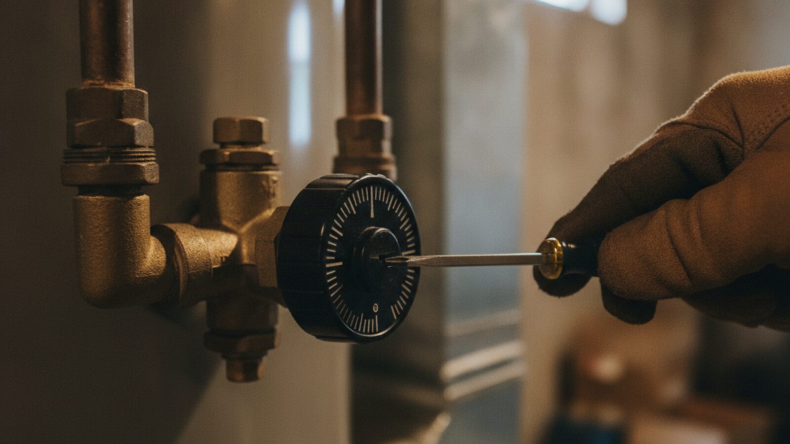 A gloved hand adjusting the temperature dial on the gas control valve of a residential tank water heater